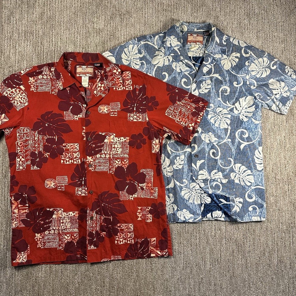 LOT Of 2 RJC Hawaiian Shirt Mens Large Blue Red Floral Made In USA Camp Aloha